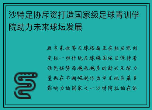 沙特足协斥资打造国家级足球青训学院助力未来球坛发展 沙特足协斥资打造国家级足球青训学院助力未来球坛发展